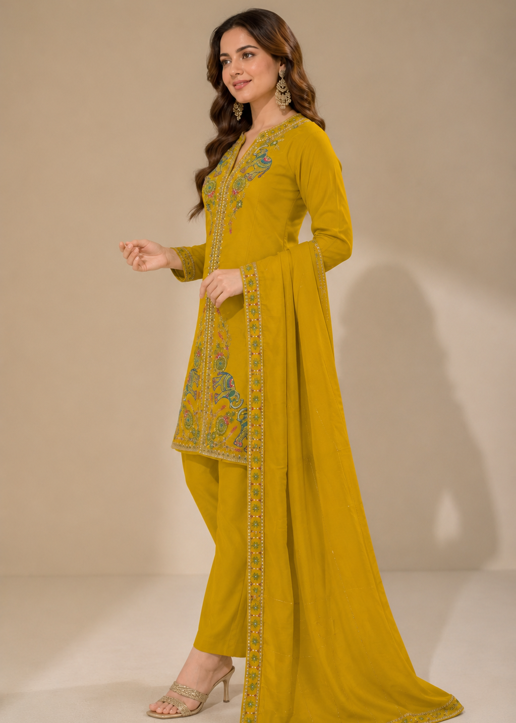 A woman modeling a mustard yellow traditional South Asian salwar kameez suit with floral embroidery on the kurta and matching dupatta, set against a plain beige studio background.