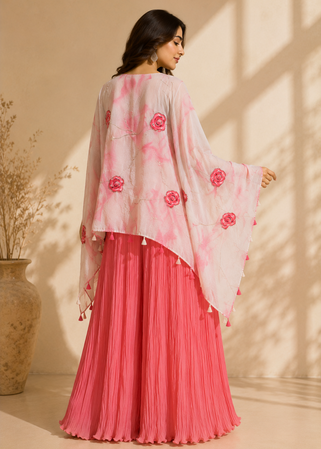 Blush Pink Floral Cape with Crush Pleated Palazzo Set