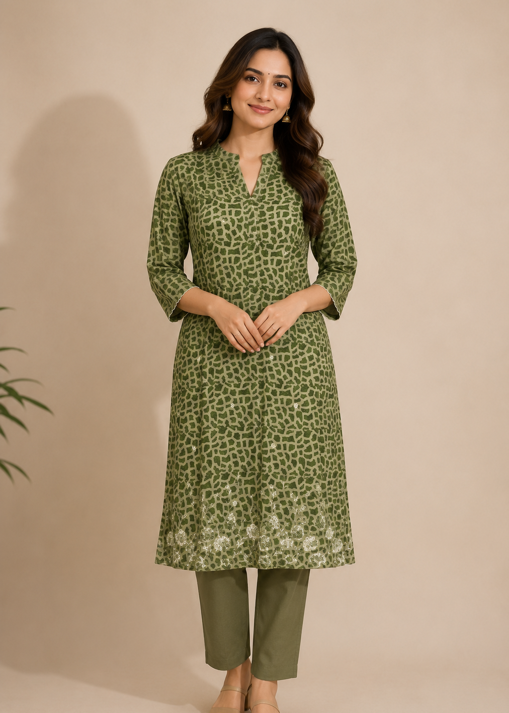 A woman modeling a green printed kurta with three-quarter sleeves and a split neckline, paired with olive green pants, against a solid beige studio background.