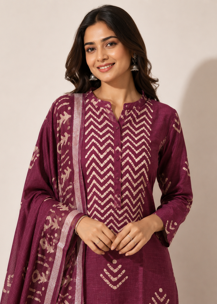 A woman modeling a traditional Indian outfit consisting of a deep purple kurta with cream chevron patterns, a matching dupatta, and silver earrings, set against a plain beige background.