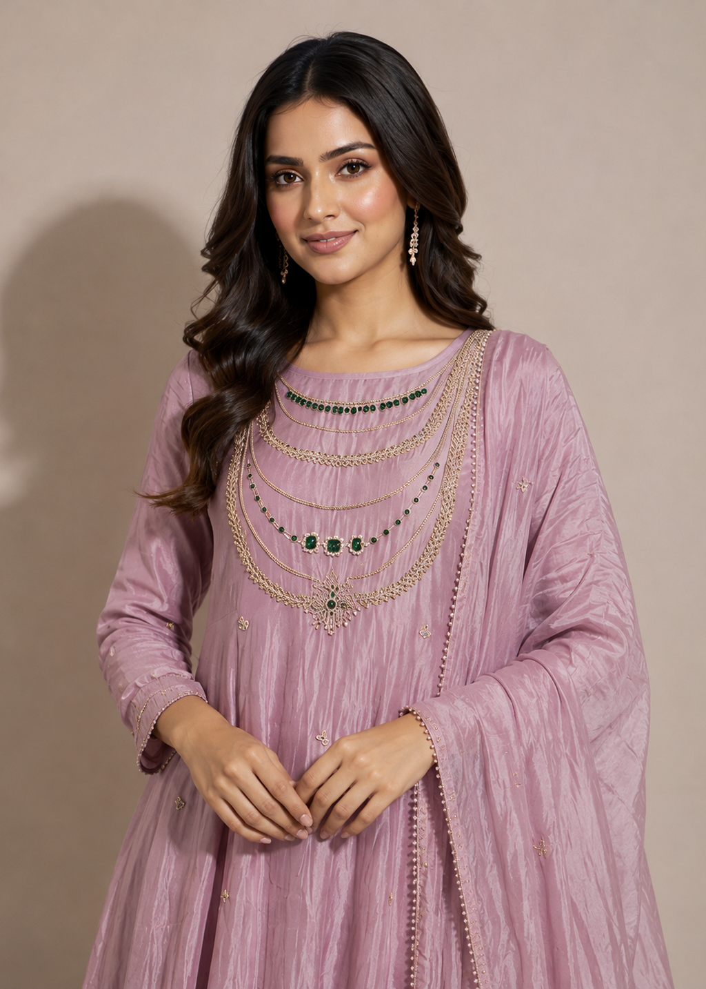 A woman modeling a dusty pink traditional Indian outfit with a matching dupatta and layered gold and green jewelry, set against a solid beige background.
