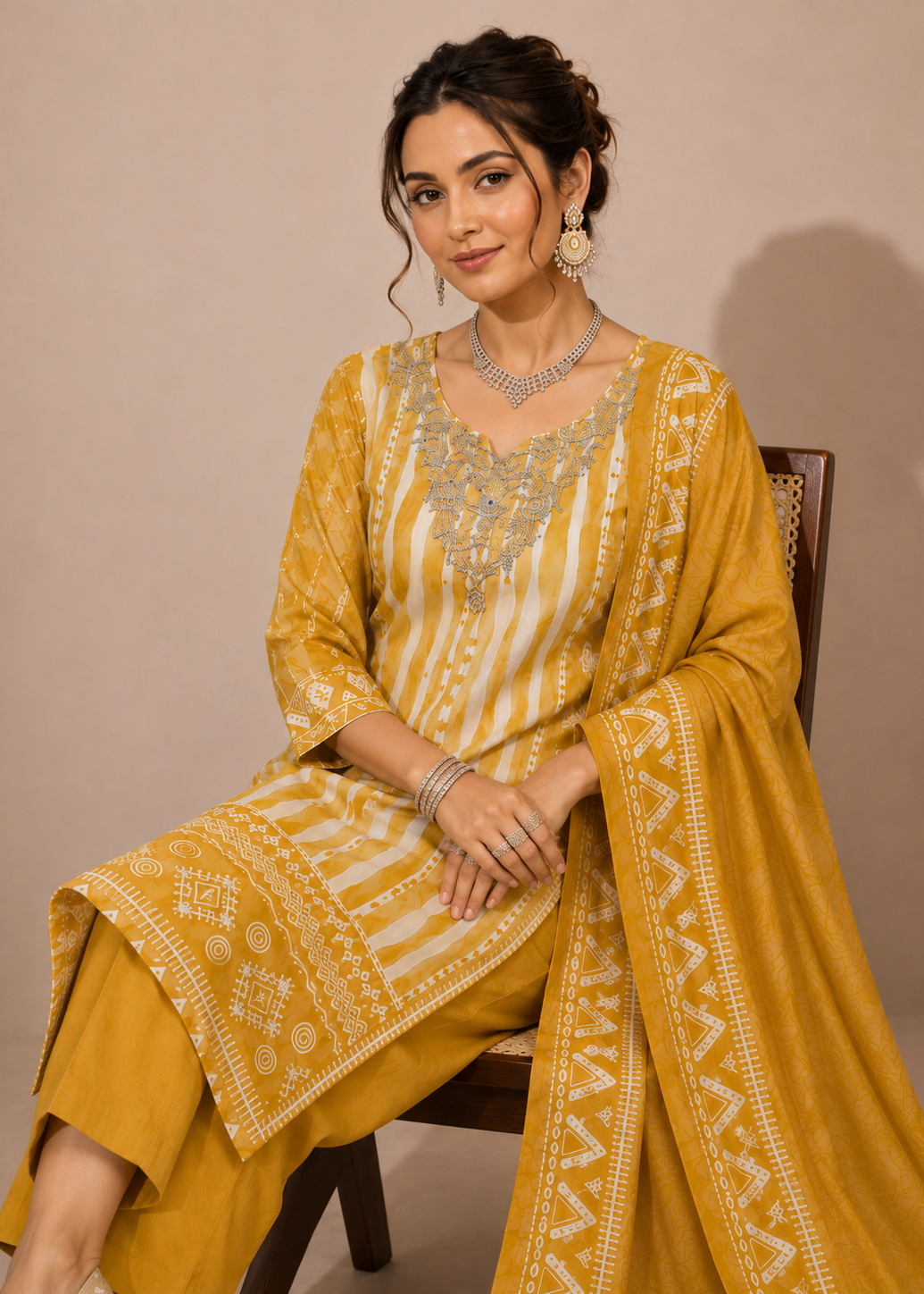 A woman seated on a wooden chair wearing a mustard yellow and white printed traditional outfit with a matching dupatta, against a plain beige studio background.