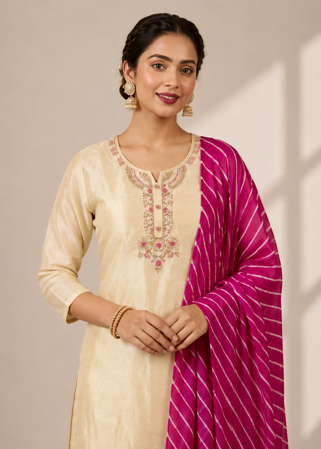 A woman modeling a cream-colored kurta with pink and gold embroidery on the neckline, paired with a bright magenta pink striped dupatta, set against a warm beige background.