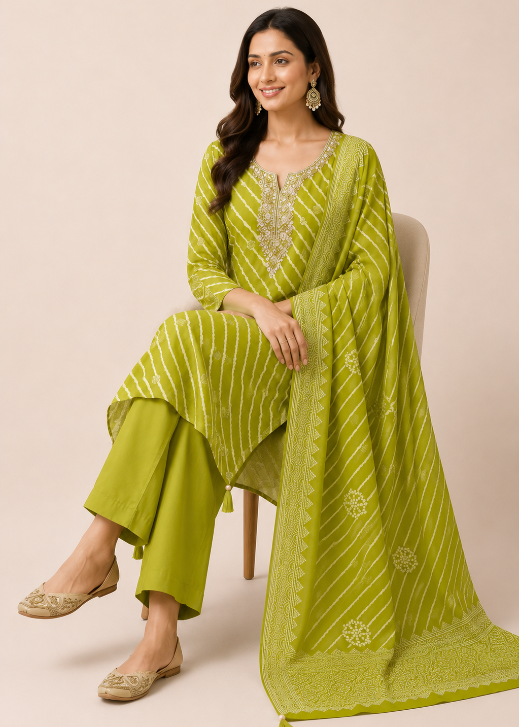 A woman seated on a chair wearing a bright yellow-green traditional outfit with matching pants and a draped scarf, photographed against a plain beige studio background.