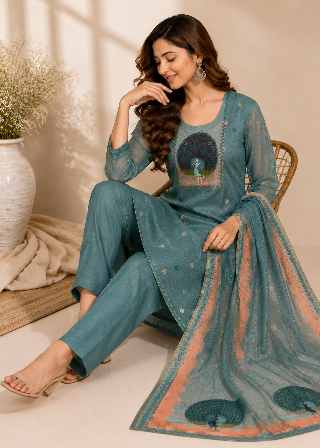 A woman models a teal blue ethnic three-piece suit set consisting of a kurta, trousers, and a dupatta. The kurta features a central peacock embroidery, and the dupatta has peacock motifs and peach-colored borders, set against a warm beige background.