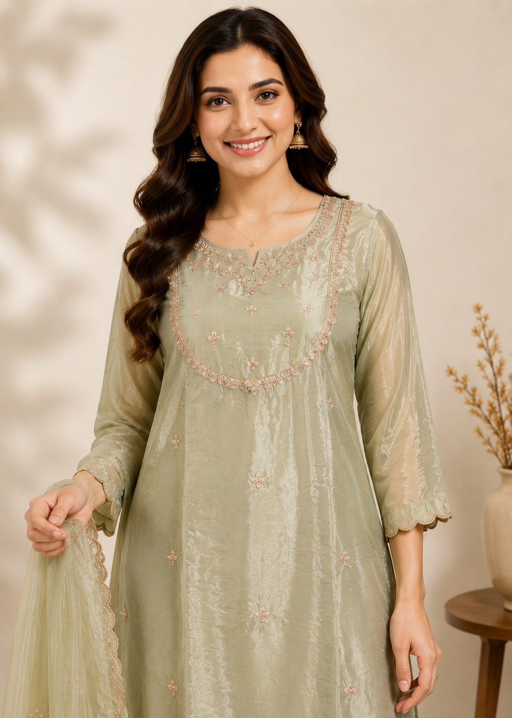 Sage Green Tissue Embroidered Kurta Pant Dupatta Set