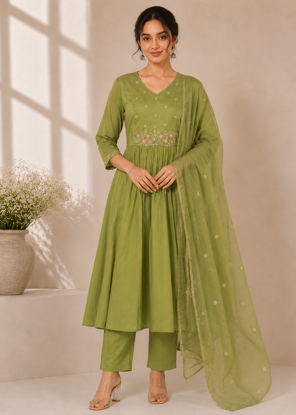 A woman models a sage green Indian ethnic suit set consisting of a long kurta with floral embroidery at the chest, matching trousers, and a sheer dupatta with small gold motifs, set against a warm beige background with window shadows.