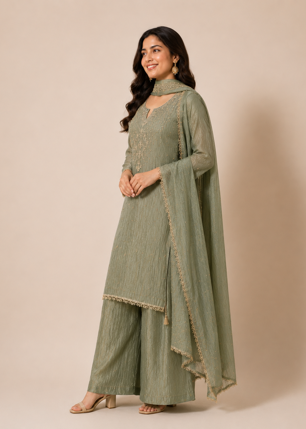 A woman modeling a sage green traditional Indian outfit with a matching dupatta, featuring subtle gold embroidery and a high-neck design, set against a solid beige studio background.