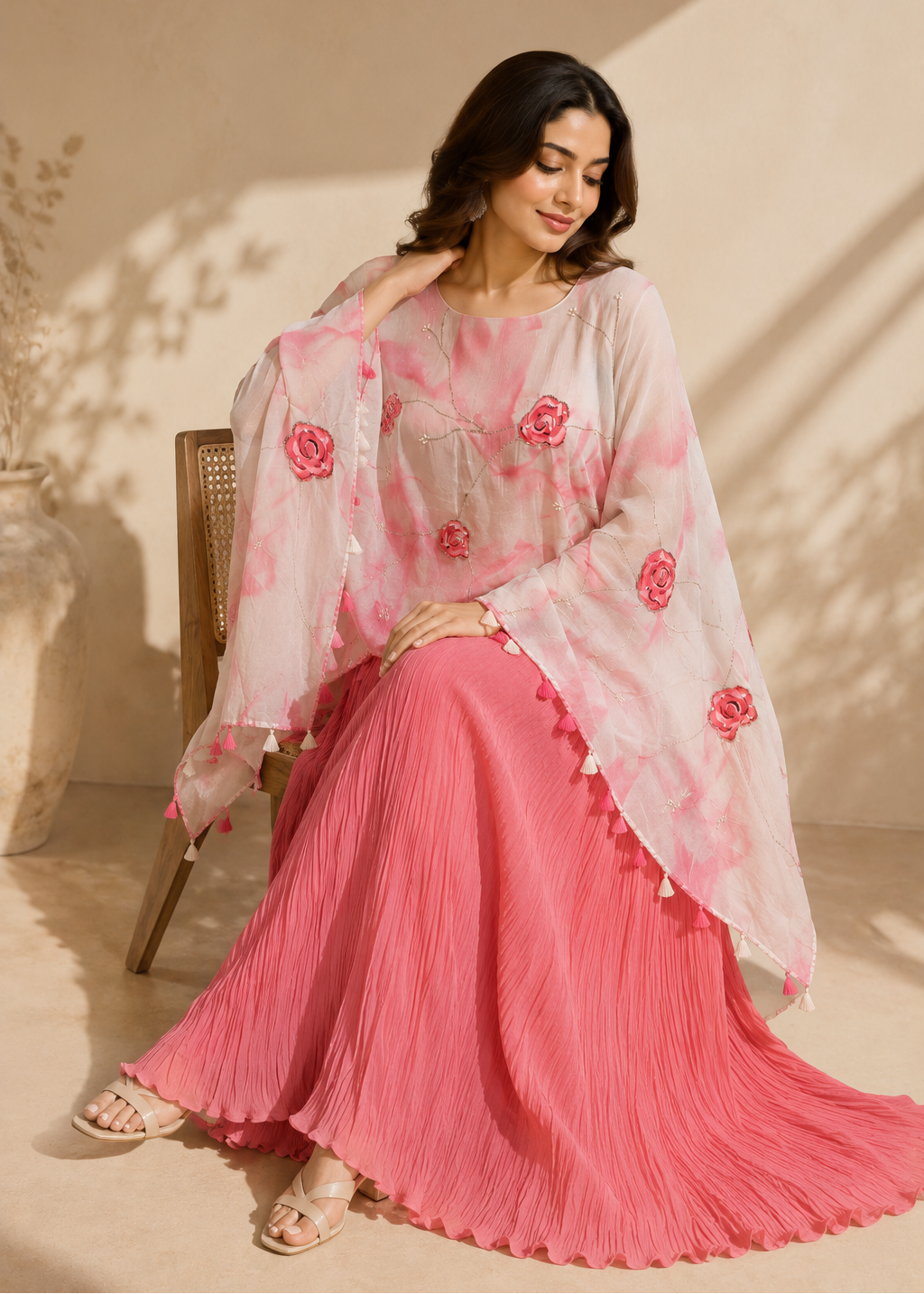 Blush Pink Floral Cape with Crush Pleated Palazzo Set