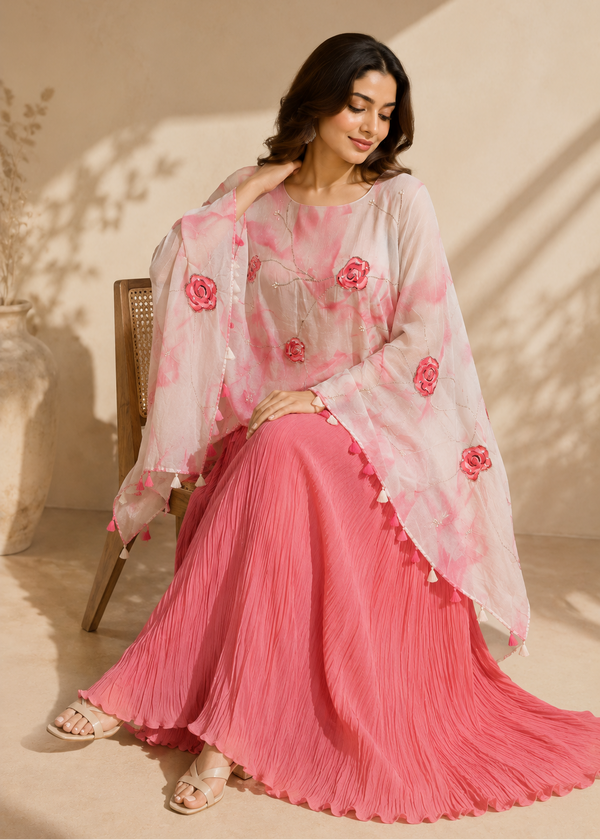 Blush Pink Floral Cape with Crush Pleated Palazzo Set
