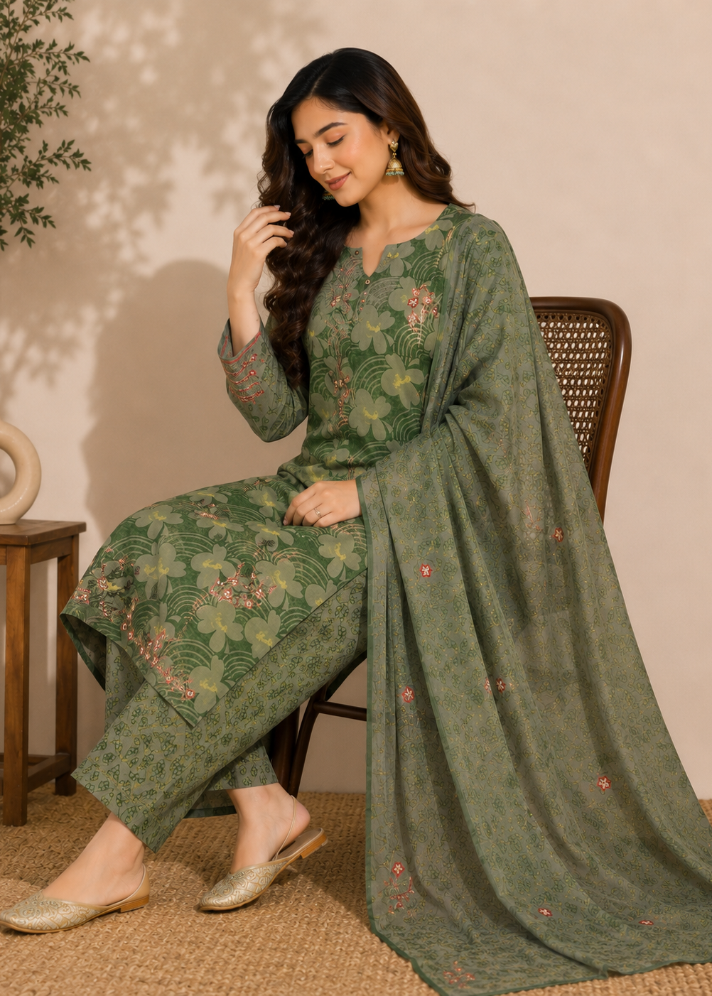 A woman seated on a wooden chair wearing an olive green floral salwar kameez suit with a matching dupatta, set against a warm beige wall with a small side table and plant.