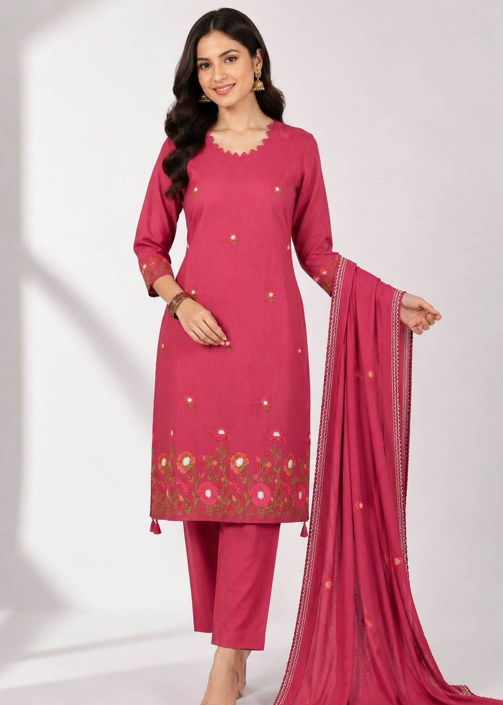 A woman models a three-piece pink ethnic suit set consisting of a kurta with gold and pink floral embroidery, matching trousers, and a sheer pink dupatta, set against a plain light gray studio background.