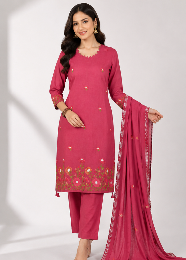A woman models a three-piece pink ethnic suit set consisting of a kurta with gold and pink floral embroidery, matching trousers, and a sheer pink dupatta, set against a plain light gray studio background.
