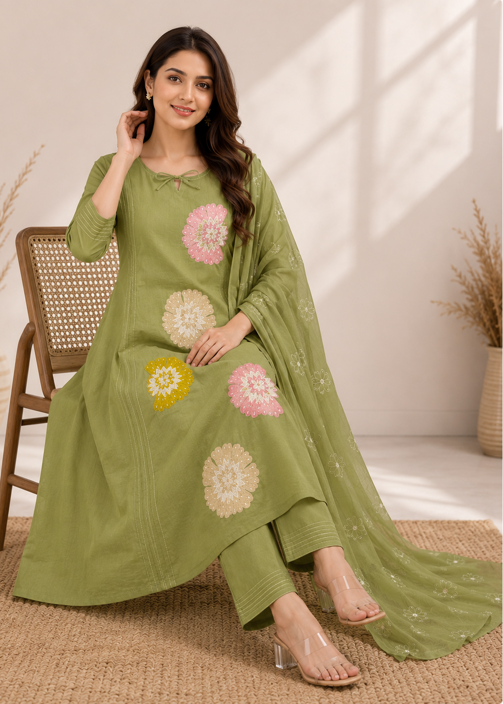 A woman models a sage green three-piece salwar kameez set with floral embroidery. The set includes a long kurta, matching trousers, and a dupatta.