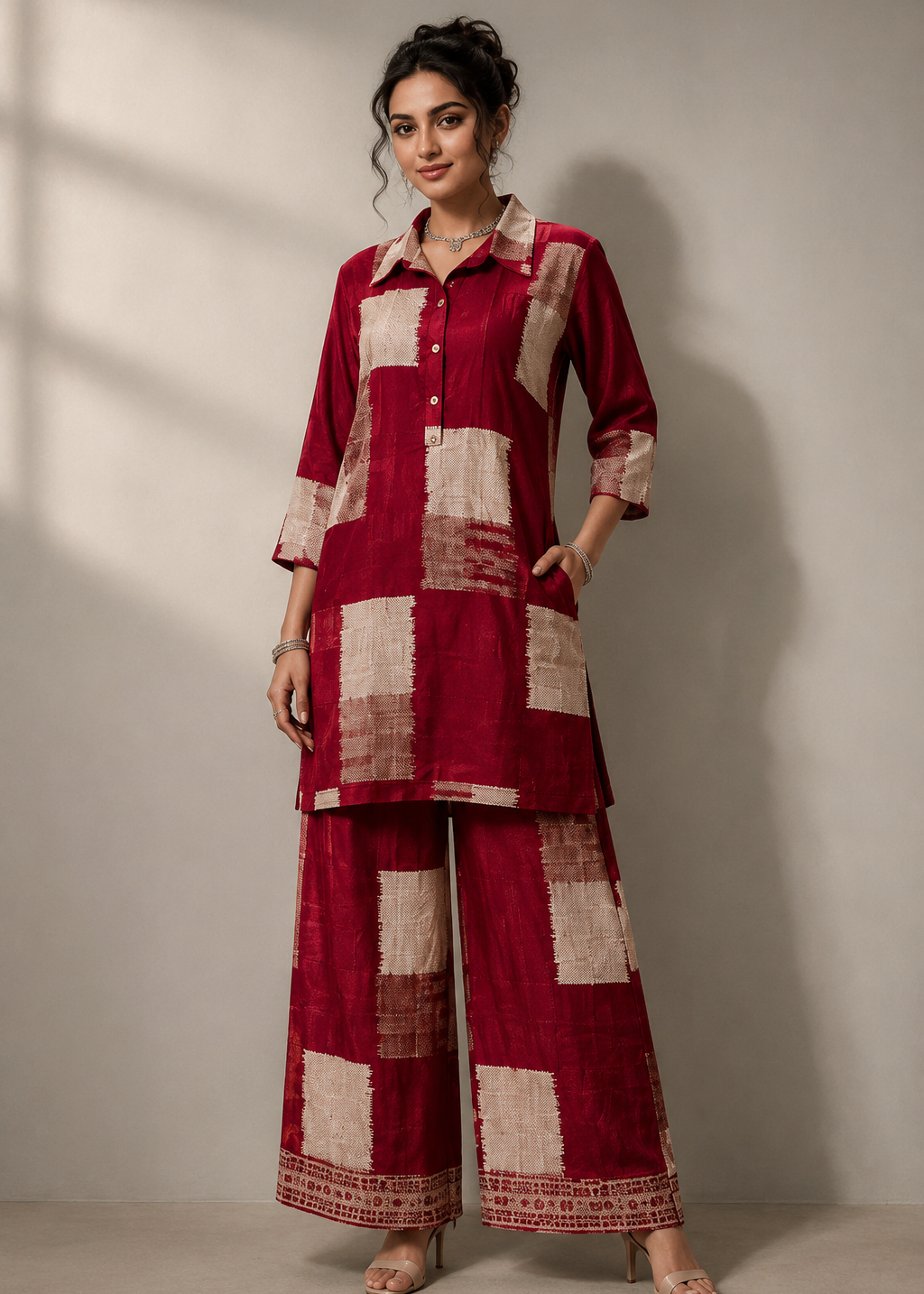 A woman models a two-piece kurta and trouser set in deep red with beige patchwork blocks, standing against a neutral light gray wall.
