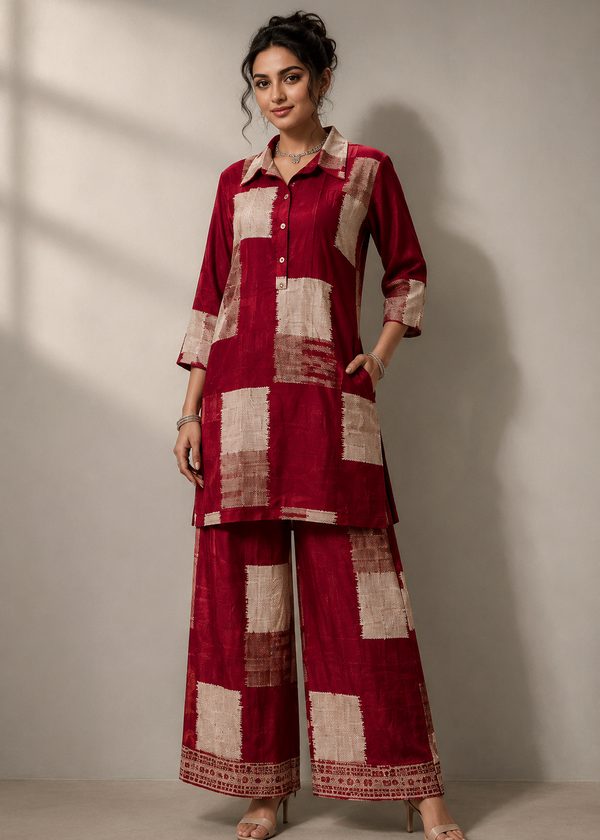A woman models a two-piece kurta and trouser set in deep red with beige patchwork blocks, standing against a neutral light gray wall.