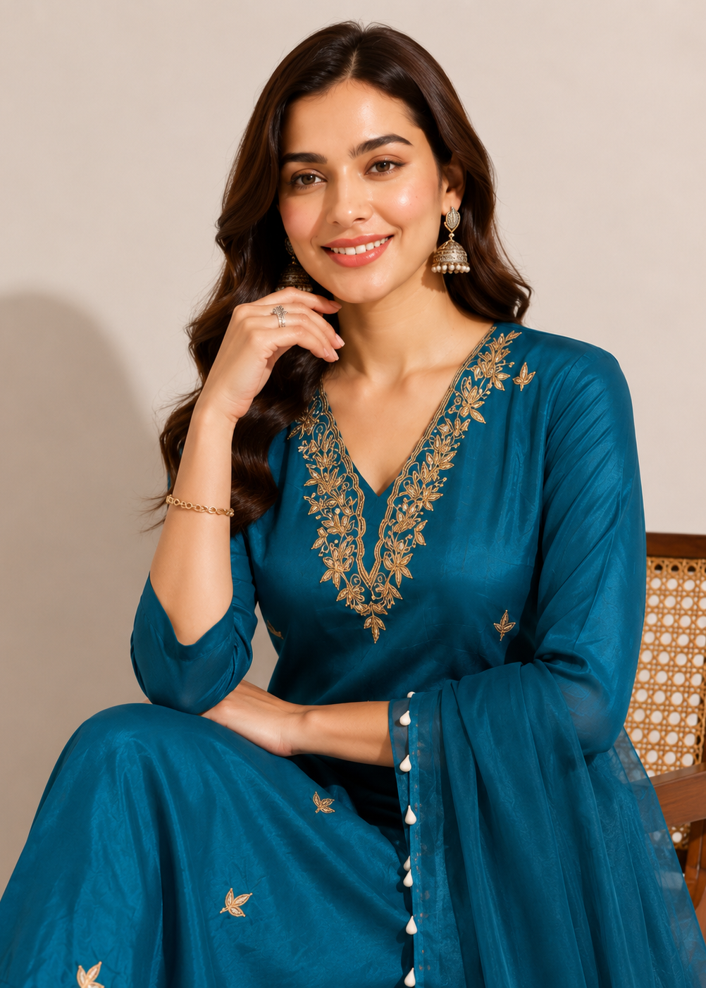 A woman wearing a teal blue traditional outfit with gold embroidery on the neckline and scattered gold motifs on the fabric, seated against a plain beige wall.