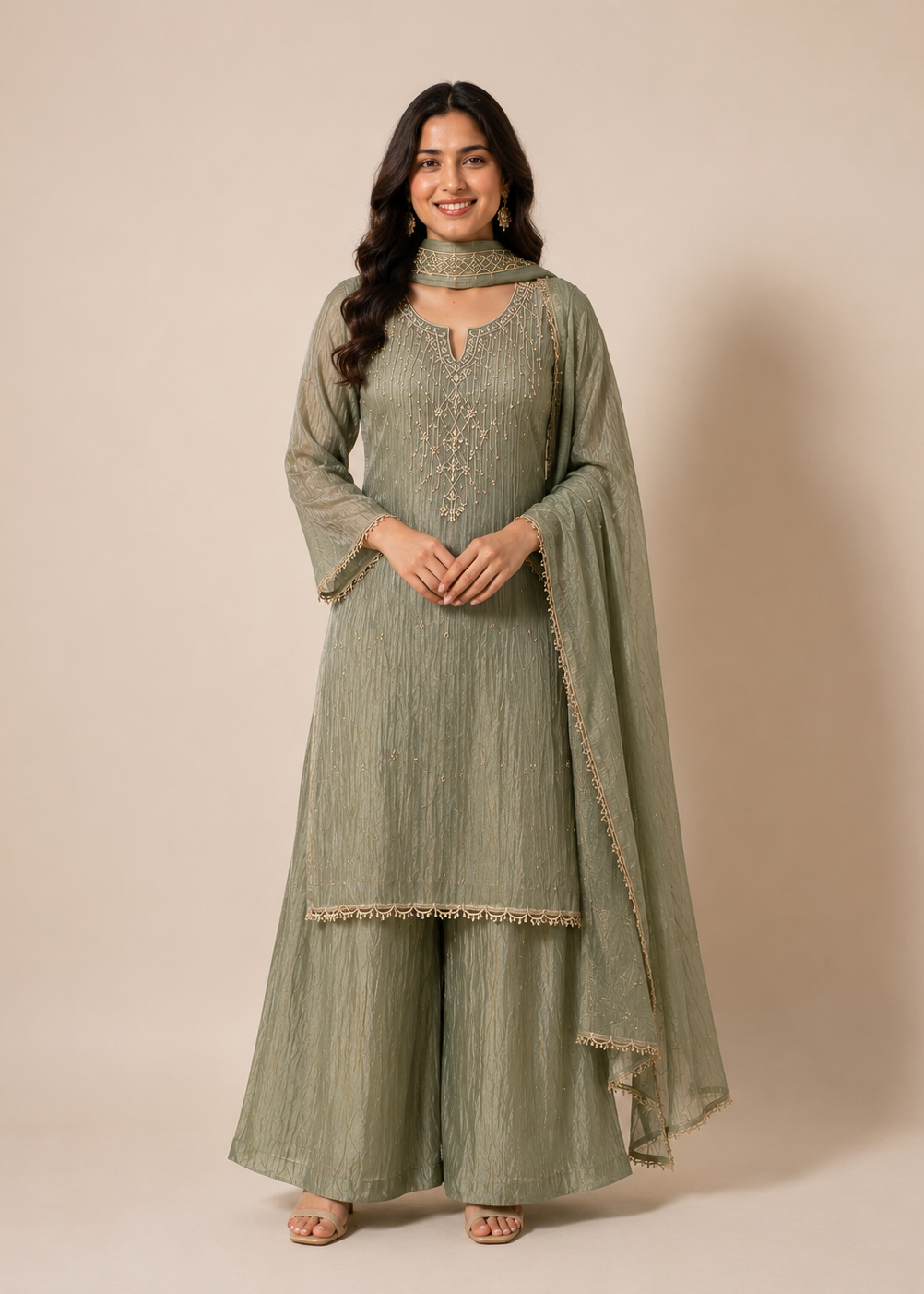A woman modeling a sage green Indian ethnic suit set with a high-neck kurta, wide-leg pants, and a matching dupatta, set against a solid beige studio background.