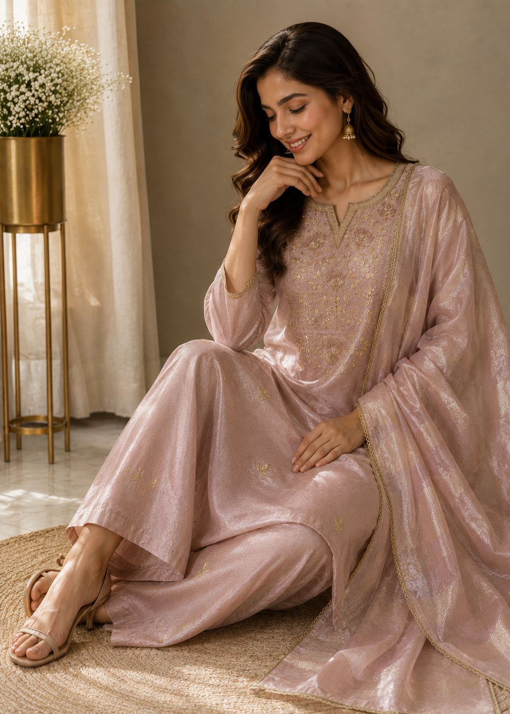 A woman models a light pink embroidered traditional outfit with matching wide-leg pants and a sheer dupatta, seated on a woven rug in a warm indoor setting.