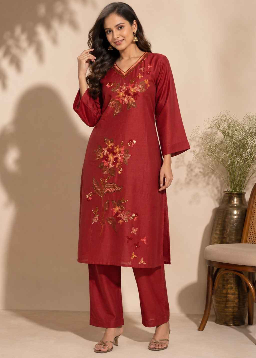 Maroon Malchanderi Floral Embroidered Kurta Set with Dupatta