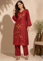 Maroon Malchanderi Floral Embroidered Kurta Set with Dupatta