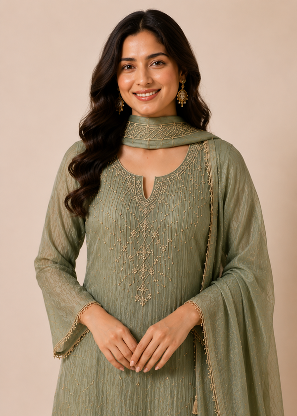 A woman modeling a sage green traditional Indian salwar kameez set with gold embroidery and a matching dupatta against a solid beige background.