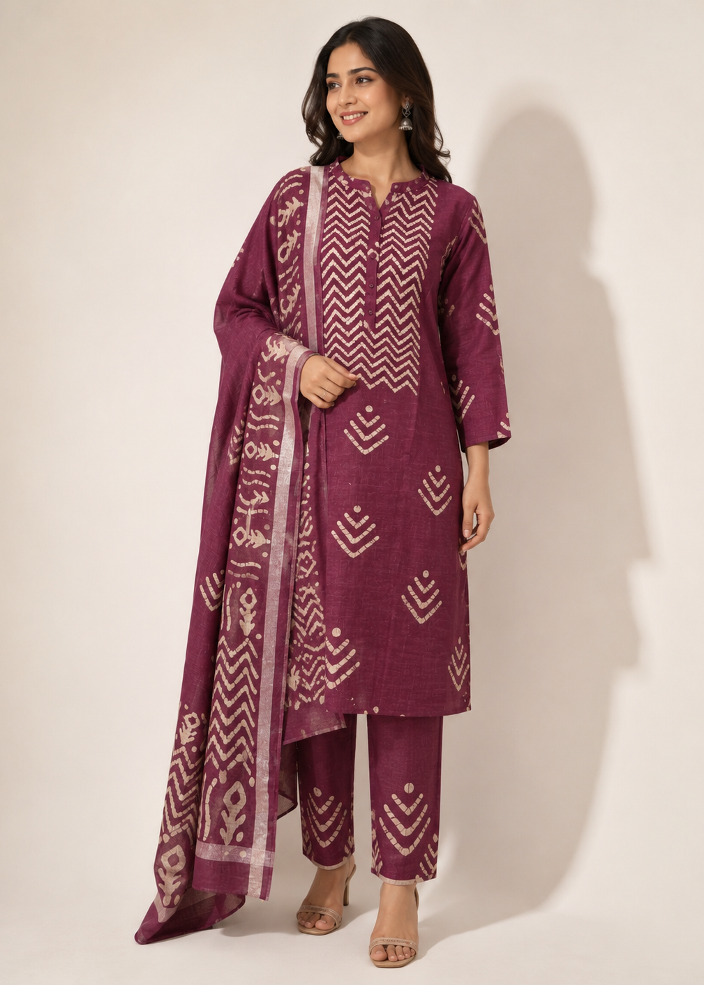 Wine Purple Pure Bhagalpuri Batik Cotton Kurta Set with Dupatta