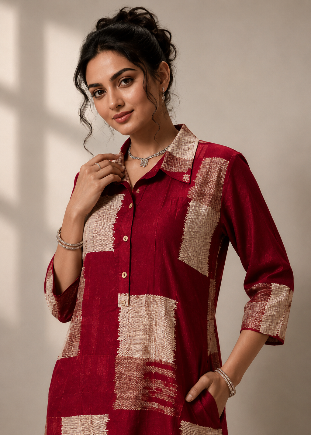 A woman modeling a red and beige patchwork kurta with a button-down front and three-quarter sleeves, set against a neutral beige background with soft window shadows.