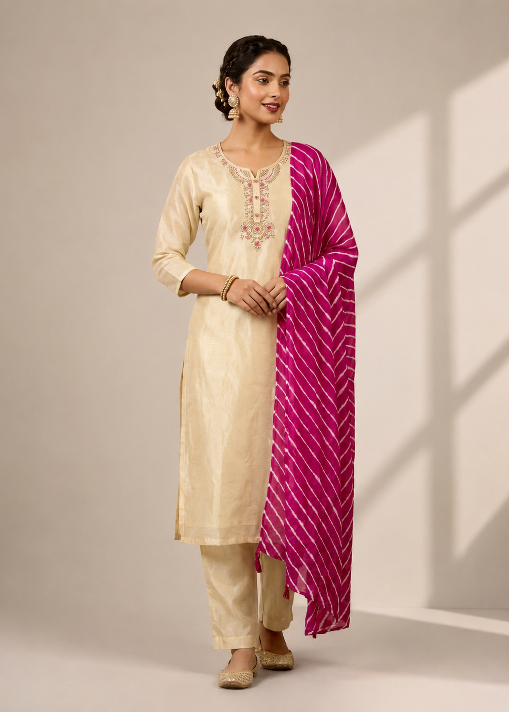 A woman modeling a traditional Indian outfit consisting of a cream-colored kurta with floral embroidery, matching trousers, and a bright magenta-pink patterned dupatta, set against a neutral beige studio background with soft window shadow projections.