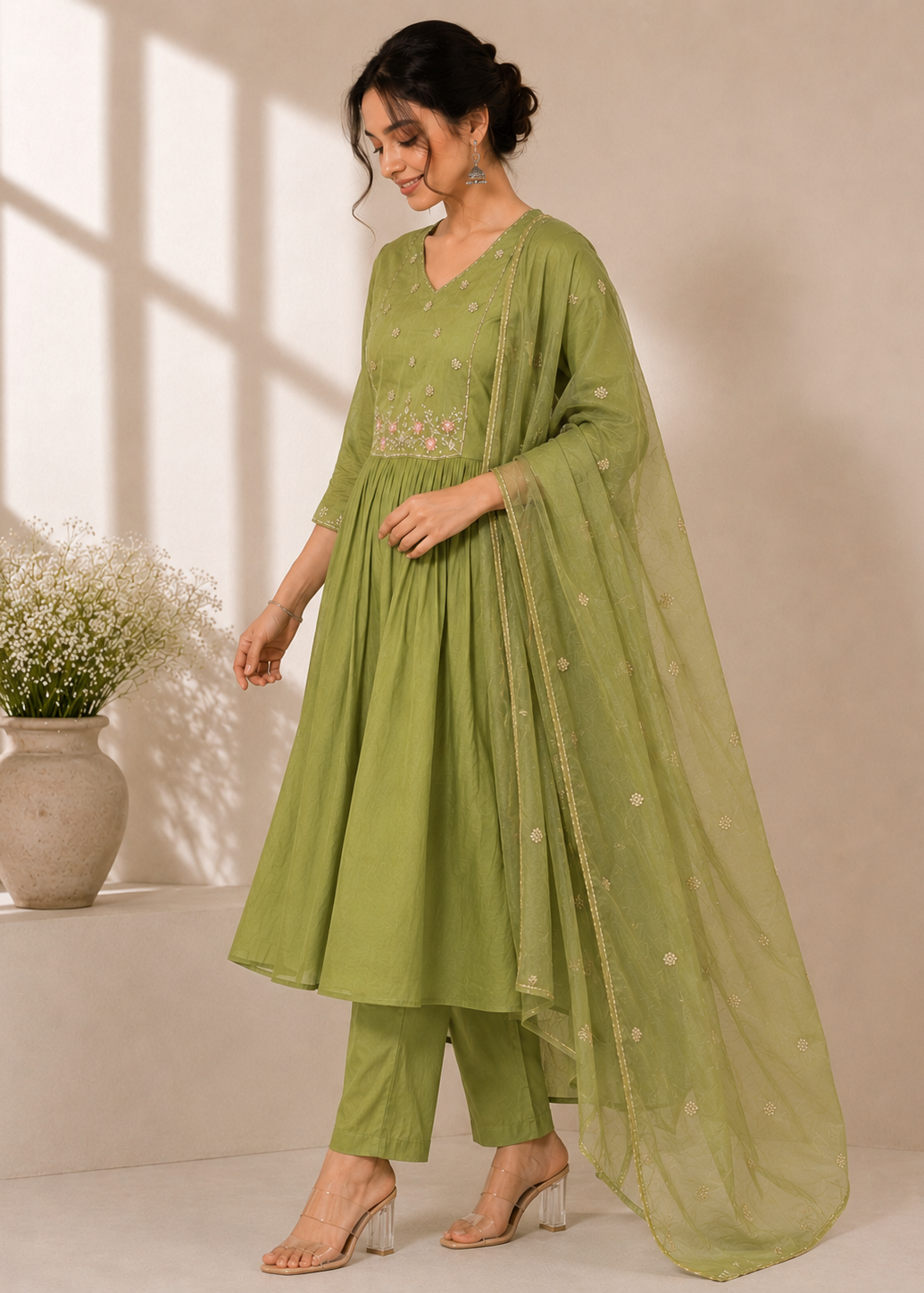 A woman models a sage green ethnic Anarkali suit set, featuring a long-sleeved kurta with floral embroidery, matching pants, and a sheer dupatta draped over her shoulder, set against a warm beige background with window shadow details.