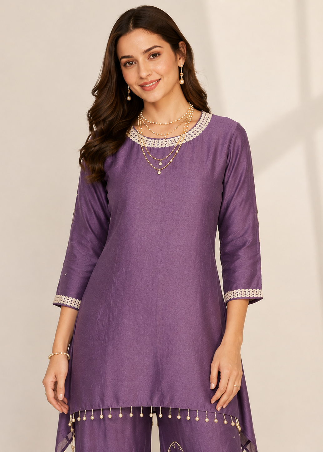 A woman modeling a purple three-piece kurta set with white and gold embroidered details on the neckline, cuffs, and hem, set against a plain beige background.
