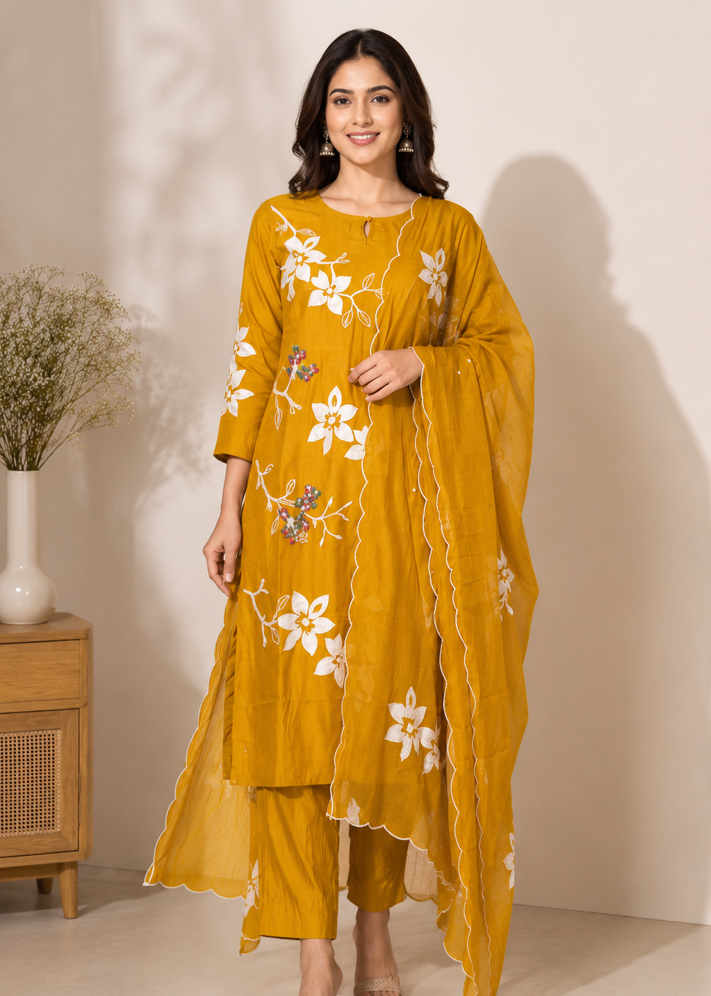 A woman modeling a mustard yellow three-piece traditional outfit with white floral embroidery, consisting of a long kurta, matching pants, and a draped dupatta, set against a warm beige studio background.
