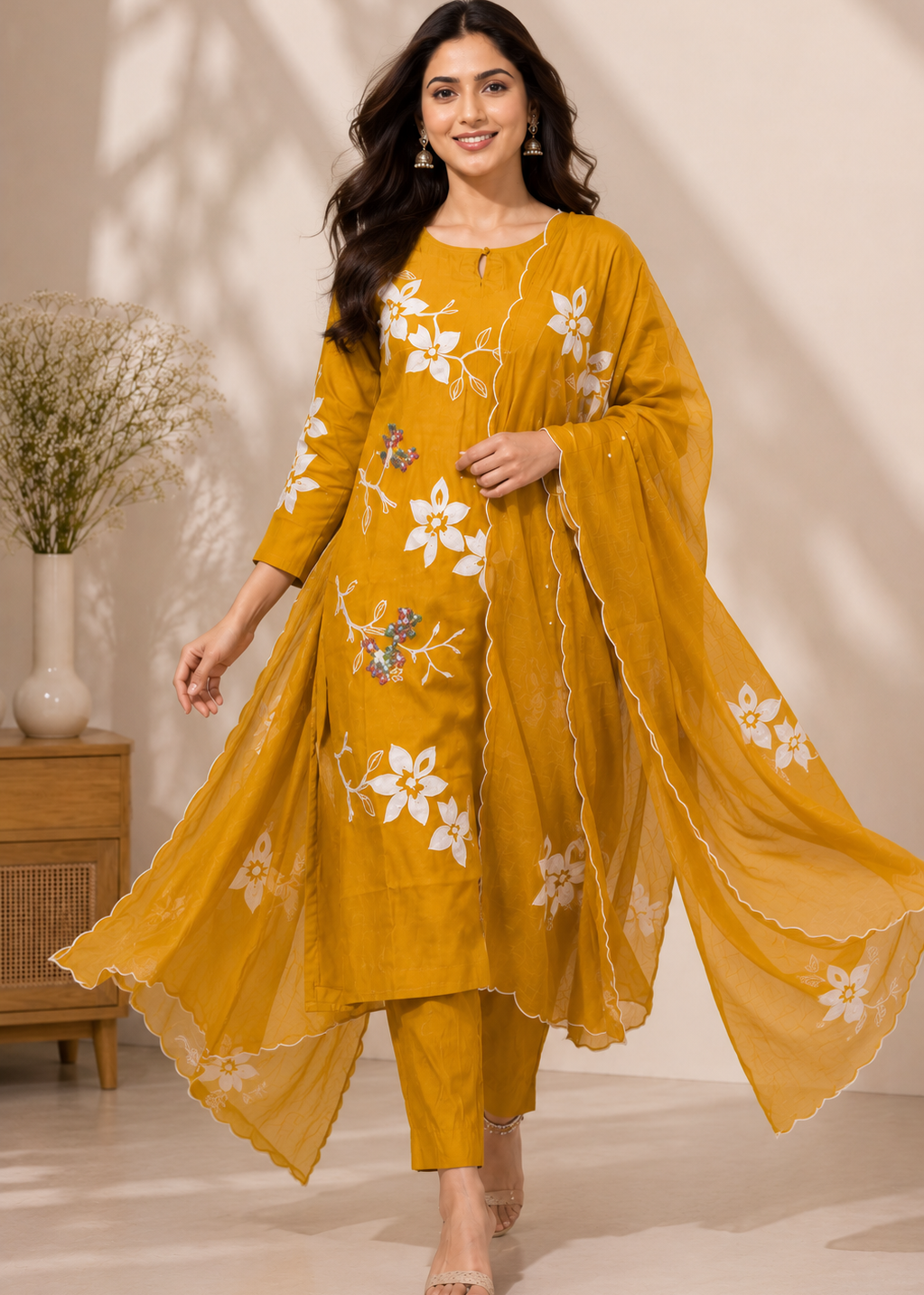 A woman models a mustard yellow ethnic suit set featuring a kurta with white floral embroidery, matching trousers, and a sheer dupatta, set against a warm beige background with soft shadows.
