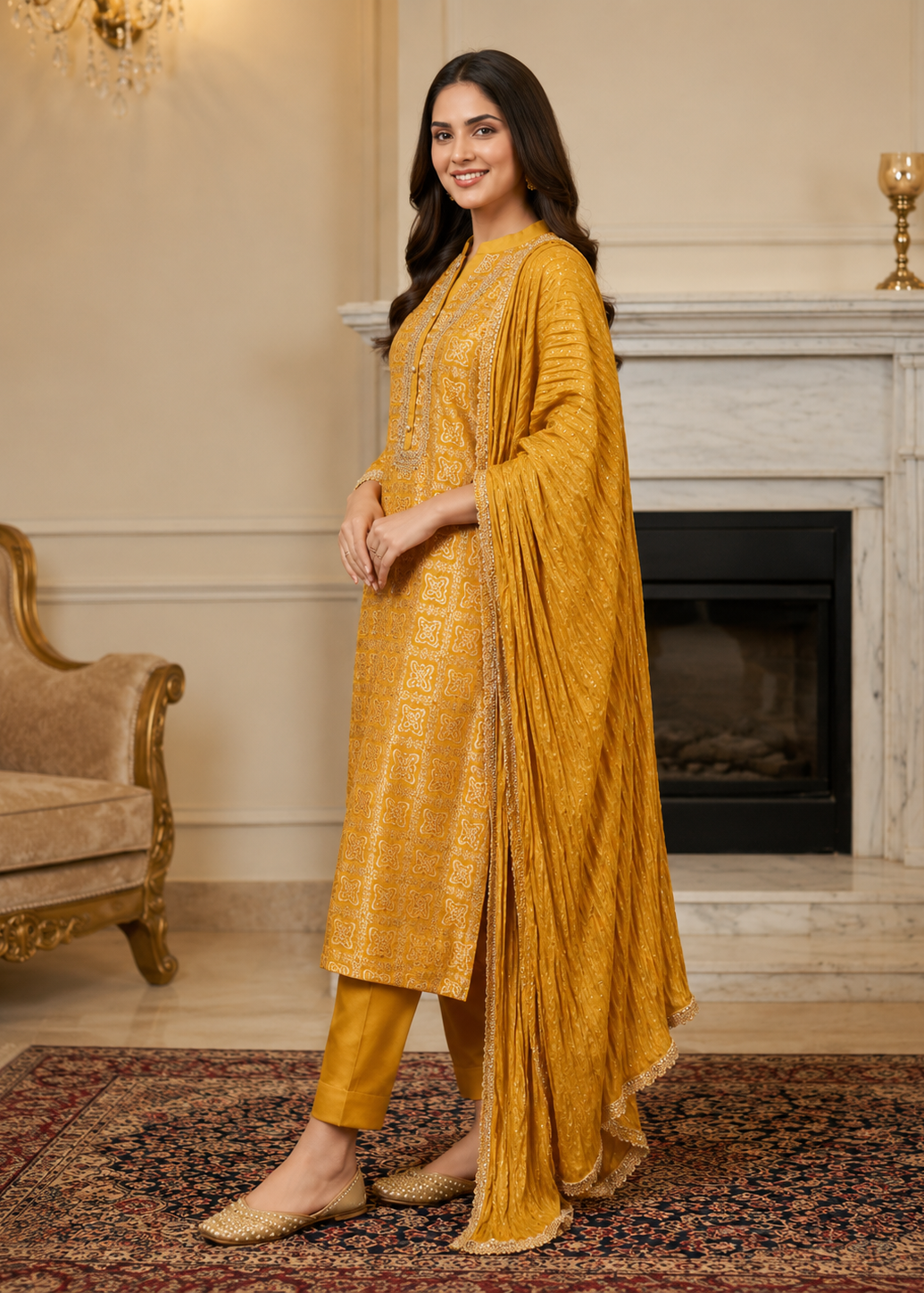 A woman modeling a traditional Indian salwar kameez suit in mustard yellow with intricate embroidery, standing in a classic indoor setting with a fireplace and ornate rug.