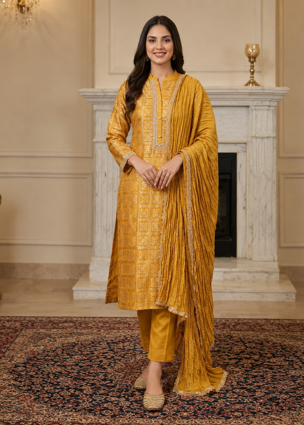 A woman models a traditional Indian salwar kameez suit in mustard yellow with intricate gold embroidery, standing in front of a white marble fireplace in a classic room setting.