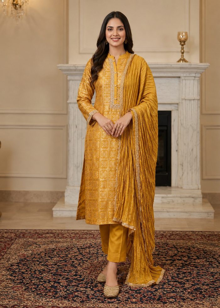A woman models a traditional Indian salwar kameez suit in mustard yellow with intricate gold embroidery, standing in front of a white marble fireplace in a classic room setting.