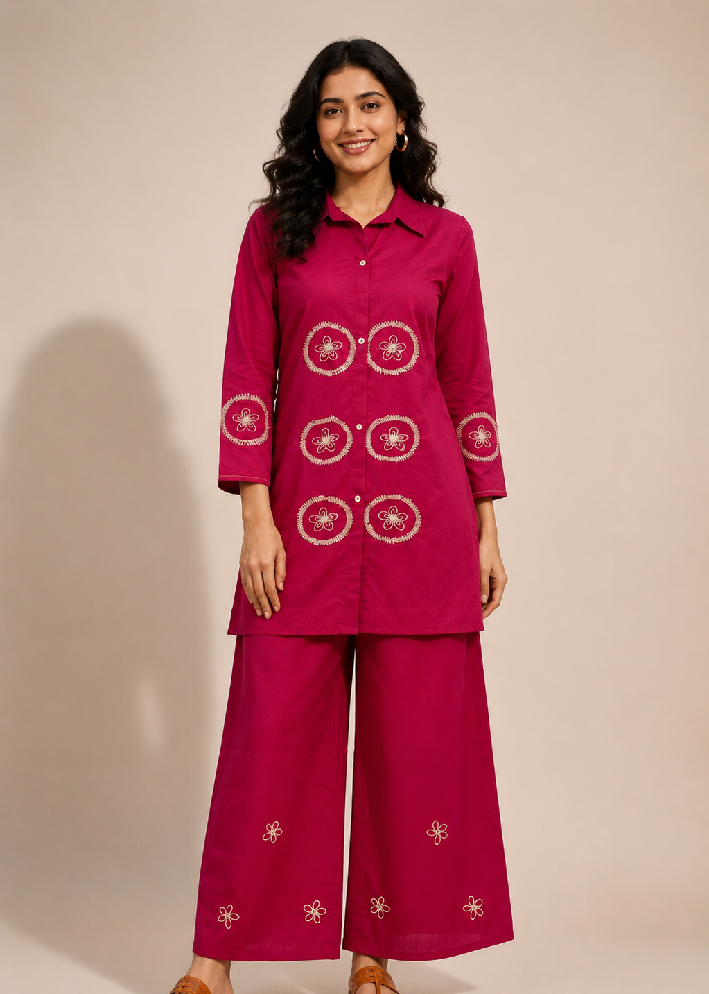 A woman modeling a magenta two-piece kurta set with white embroidery, consisting of a long-sleeve button-up top and matching wide-leg pants, set against a plain beige studio background.