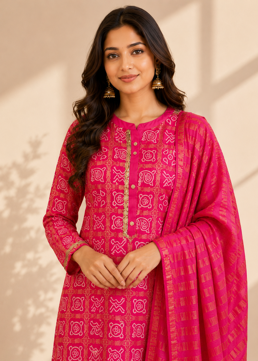 A woman modeling a bright pink traditional outfit with gold and white printed patterns, featuring a matching dupatta draped over her shoulder, set against a warm beige background with soft leaf shadows.