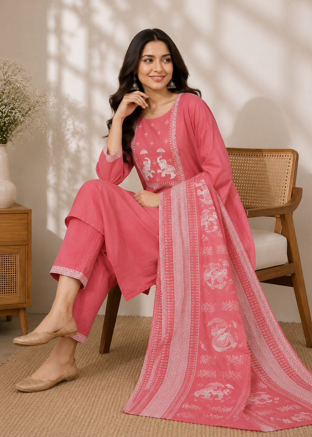 A woman seated on a wooden chair wearing a pink traditional outfit with matching pants and a long printed dupatta, photographed in a warm indoor setting with a side table and vase in the background.