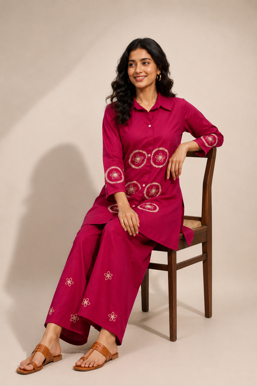 Pink Cotton Co-Ord Set with Floral Embroidery Shirt & Palazzo Set