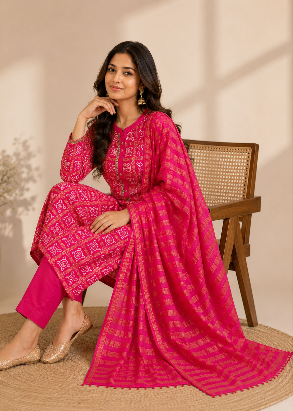 A woman models a bright pink salwar kameez suit with intricate gold embroidery and a matching dupatta, seated on a wooden chair in a warm, neutral-toned room.