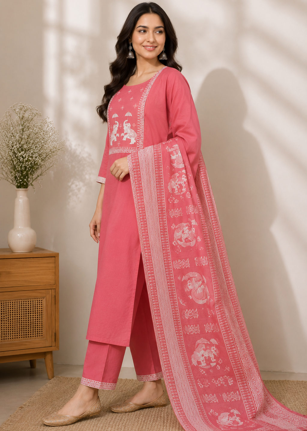 A woman models a pink three-piece Indian ethnic suit with white block-printed motifs, including a kurta, trousers, and a matching dupatta, set against a warm beige wall with soft shadows.