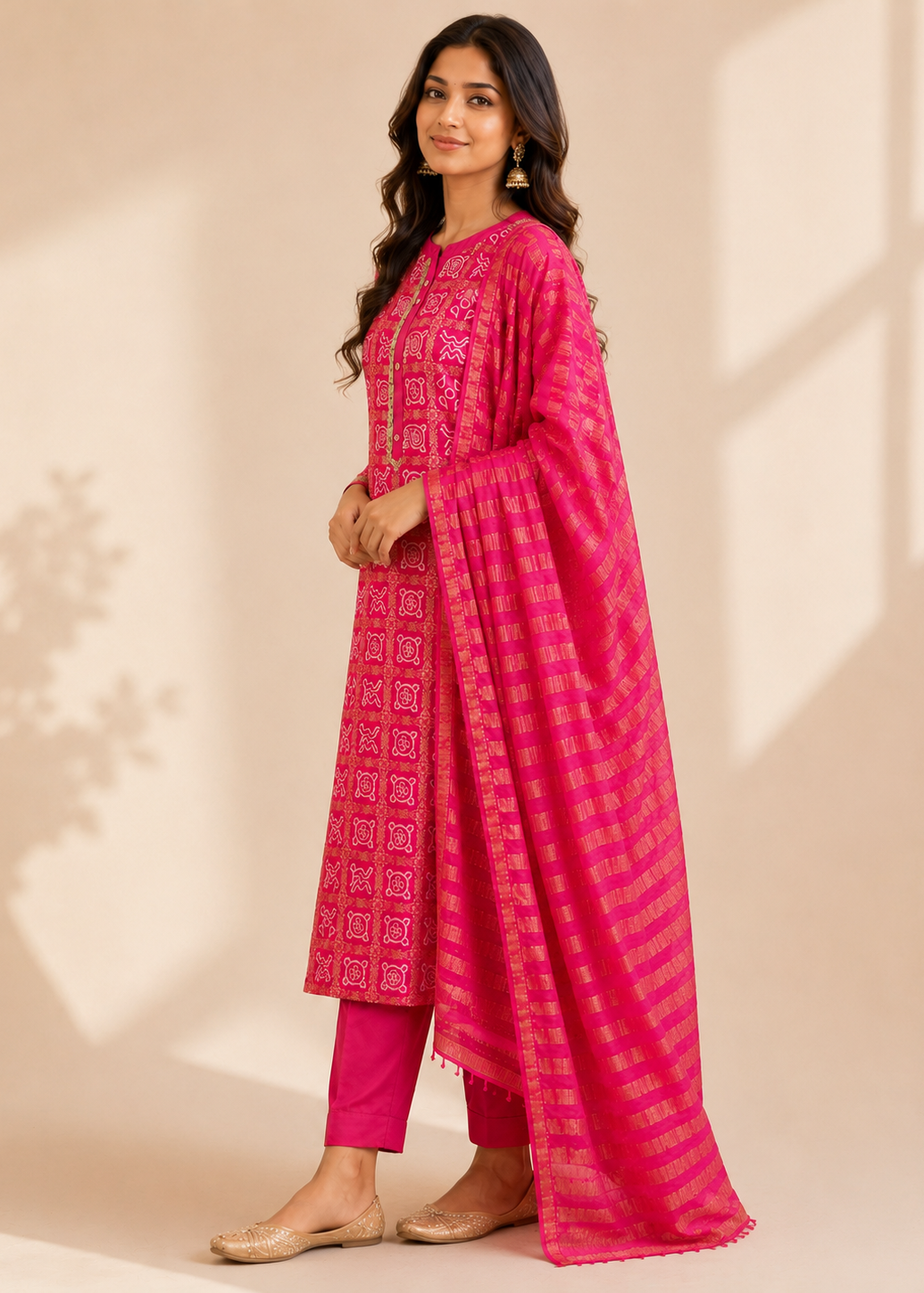 A woman modeling a bright pink traditional outfit with matching pants and a sheer patterned dupatta, posed against a warm beige wall with soft window shadows.