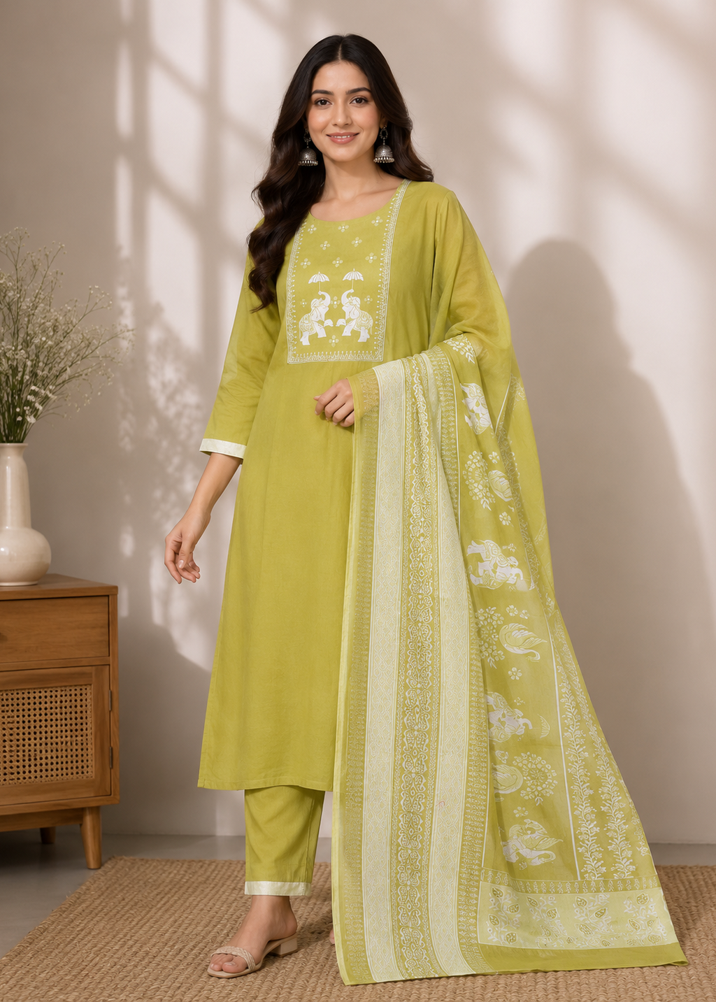 A woman models a three-piece lime green salwar kameez suit with white embroidery, featuring a long kurta, matching trousers, and a sheer printed dupatta, set against a warm beige wall with soft window shadows.