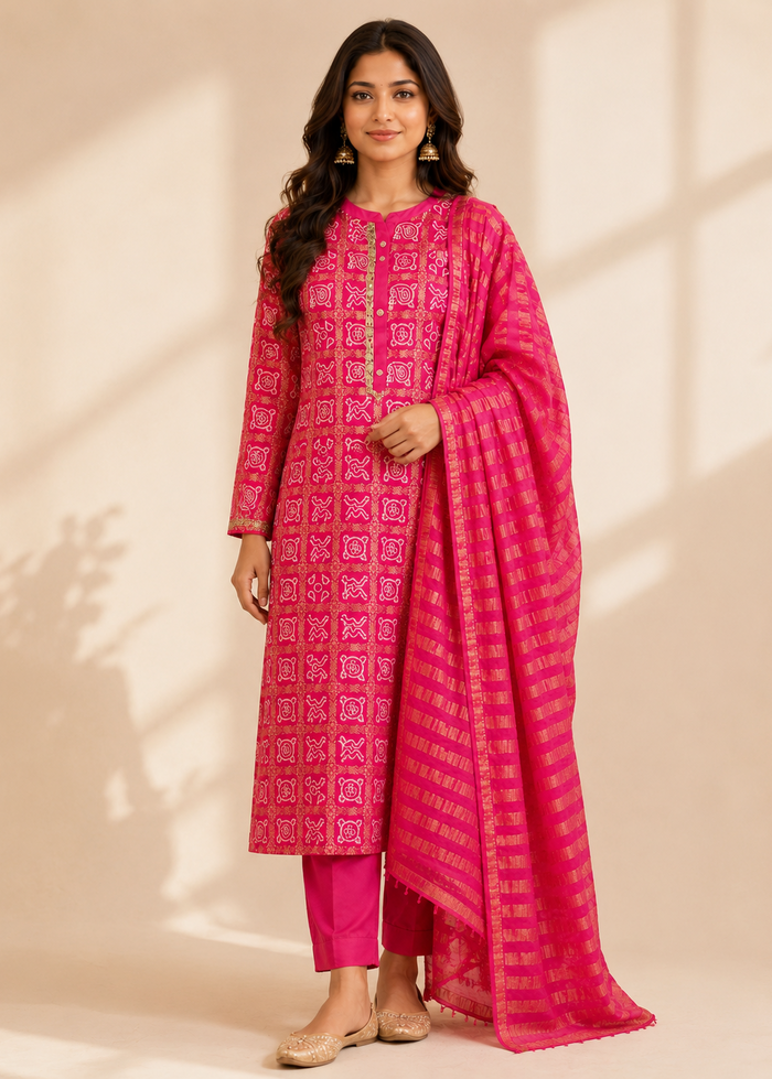 A woman modeling a bright pink traditional outfit with matching printed pants and a sheer dupatta draped over one shoulder, set against a warm beige studio background with soft window-shadow lighting.