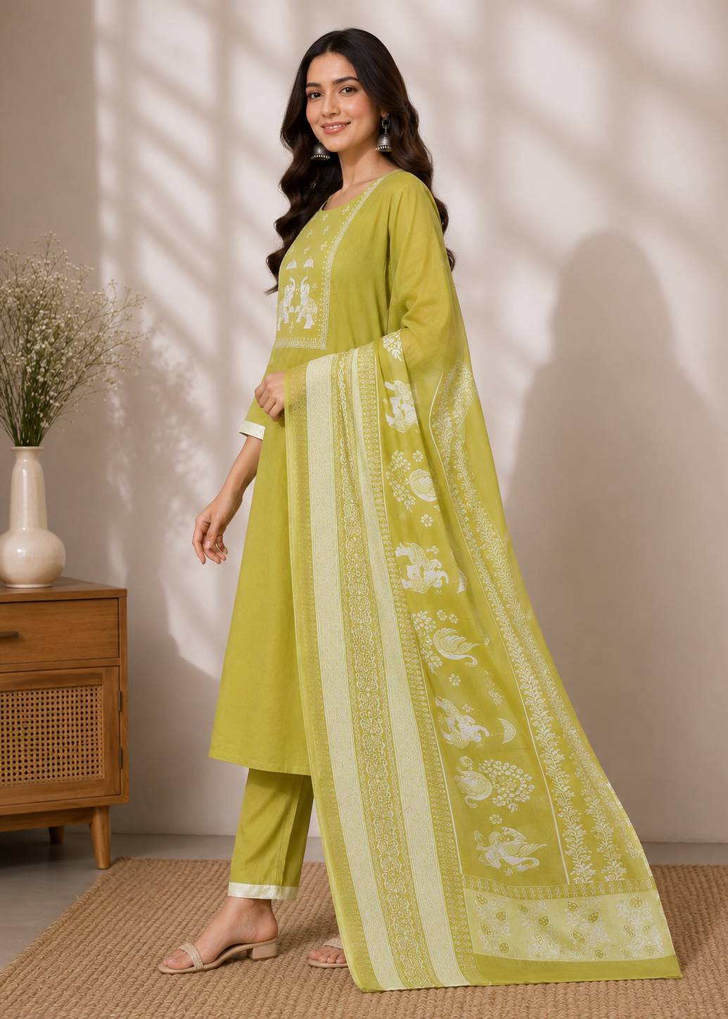 A woman models a light olive green three-piece salwar kameez suit with white floral embroidery, consisting of a long kurta, matching trousers, and a sheer dupatta draped over her arm, set against a warm beige wall with soft shadows.