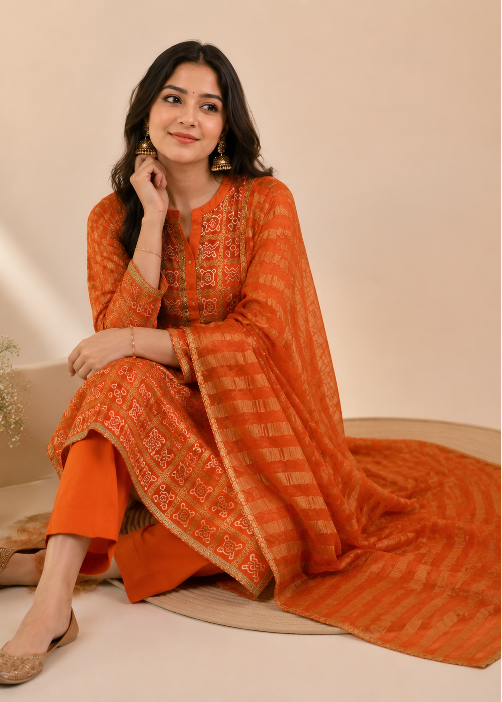 A woman models an orange traditional South Asian outfit consisting of a kurta with matching embroidered dupatta and wide-leg trousers, set against a warm beige background.