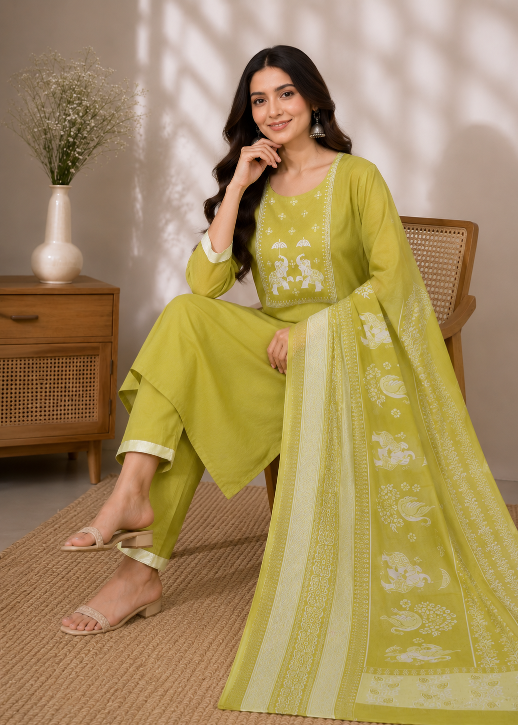 A woman seated on a woven chair wearing a bright yellow-green traditional outfit with a matching draped dupatta featuring white floral prints and border details. The setting includes a wooden side table with a vase of dried flowers and soft wall shadows.