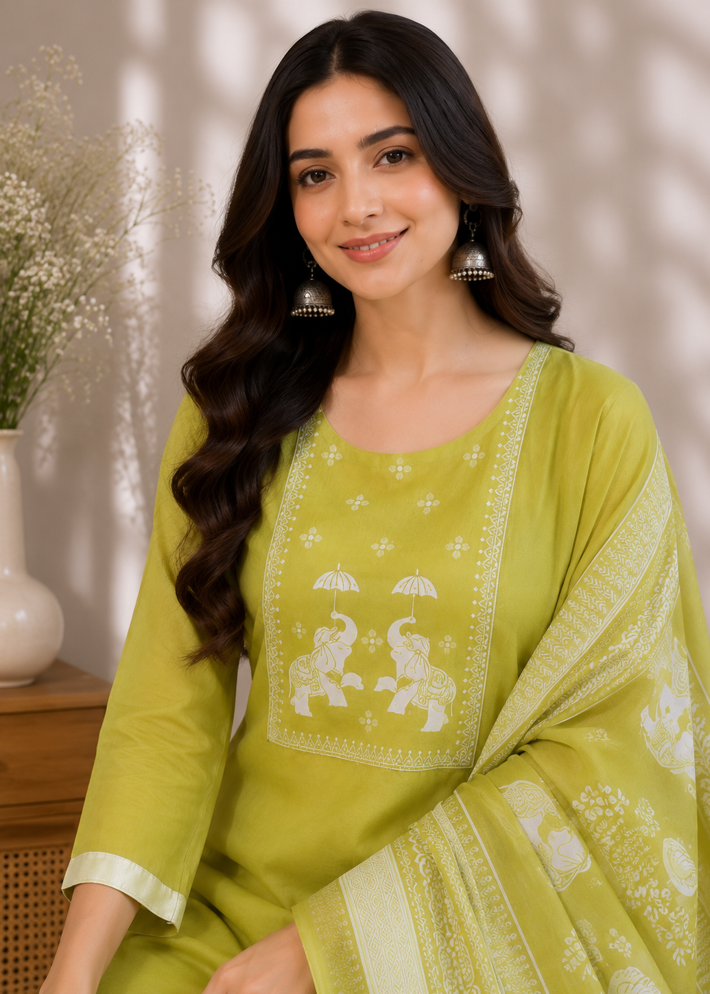 A woman wearing a lime green traditional Indian salwar kameez set with white elephant and umbrella motifs on the chest, paired with a matching printed dupatta, posed in front of a softly lit neutral background.