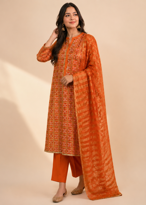 A woman modeling a traditional Indian outfit consisting of an orange kurta with gold embroidery, matching orange pants, and a long orange dupatta with a subtle pattern, set against a solid beige background.